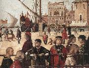 CARPACCIO, Vittore Arrival of the English Ambassadors (detail) fg oil painting on canvas